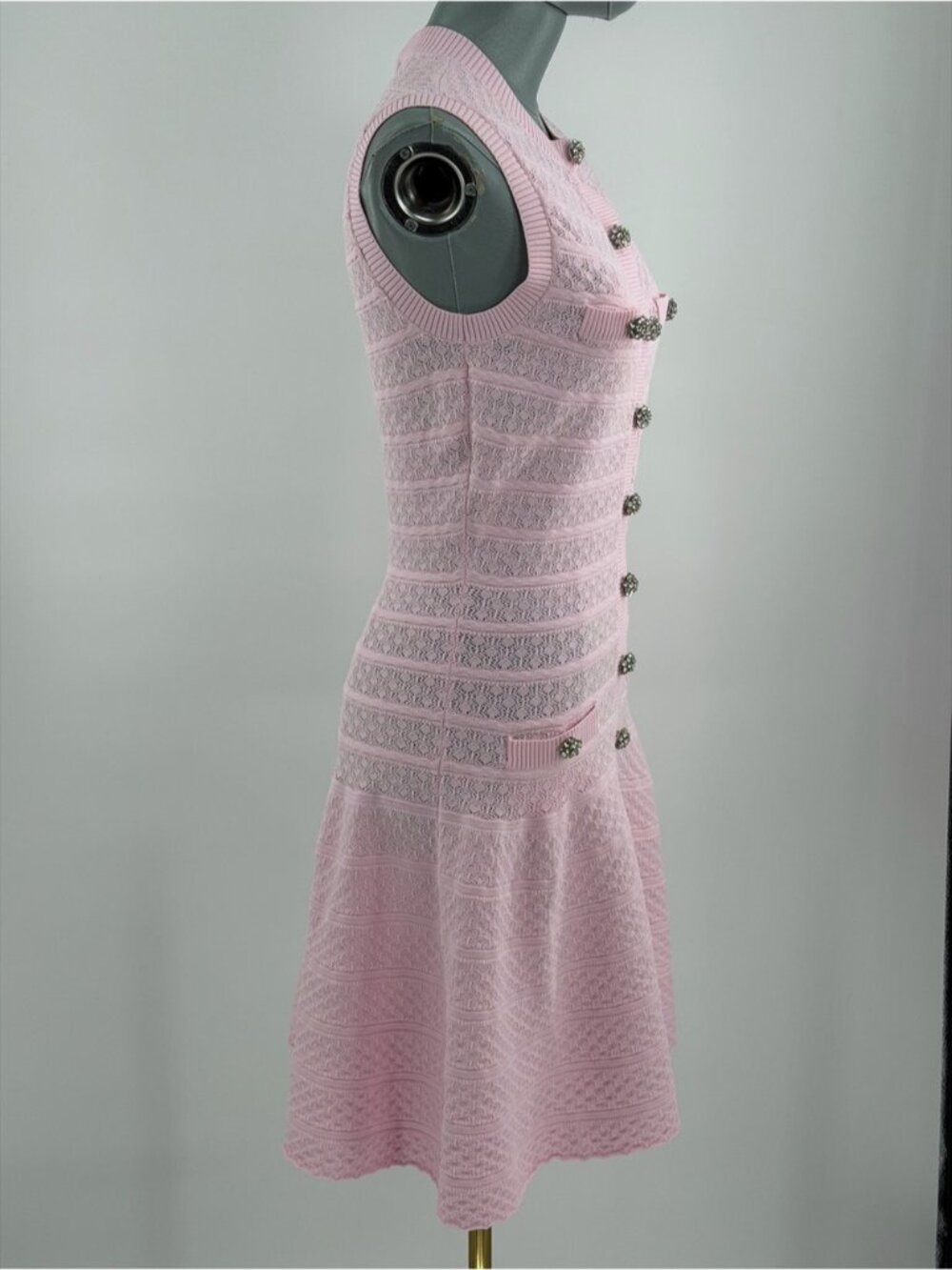 🆕 SELF-PORTRAIT 🧿 NWOT Pink Pointelle Diamante Button Knit Mini Dress, Sz M - Picture 5 of 16